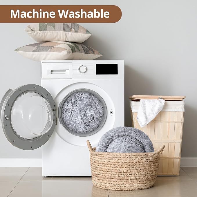 JOLLYVOGUE Calming Dog Bed Large Size Dog, Anti-Anxiety Donut Large Pet Bed, 36 inches Fluffy Faux Fur Round Cat Bed, Fits up to 75 lbs Pets (Smoke Grey)