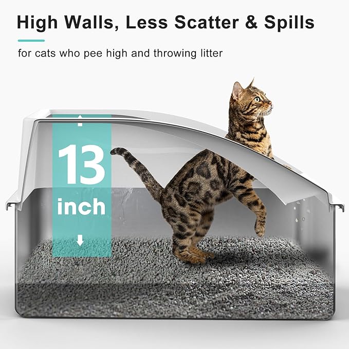 Stainless Steel Litter Box | XXL Deepened 8" Design Enclosed Box with Lid for Big Cats | High Sided, Anti-Urine Leakage | Non-Stick Bottom & Includes Litter Mat & Metal Scoop