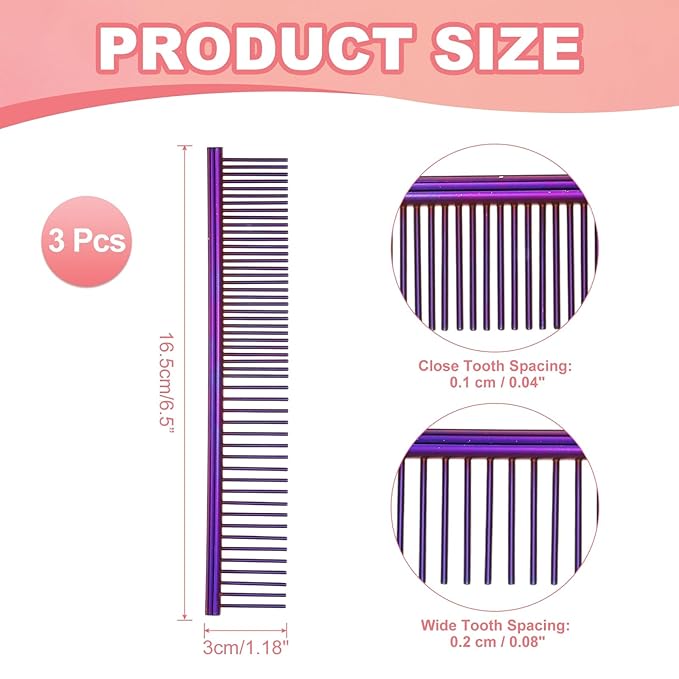 Dog Cat Comb, Pet Combs Stainless Steel Teeth with Rounded Ends for Knots Mats Loose Hair Removal, 6.5IN (Purple Plated, 3 Pack), Grooming Tool Intended for Long Curly Hair Pet