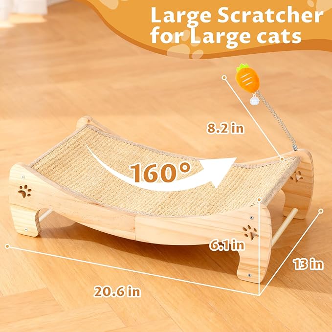 Wooden Cat Scratcher Bed with Carrot Toy, Dual-Role Hammock & Sisal Post, Indoor Cat Furniture for Napping & Play
