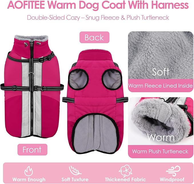 AOFITEE Dog Coat for Large Dogs, XXXL Dog Winter Jacket with Harness Built in, Turtleneck Cold Weather Coat for Extra Large Dogs, Reflective Pet Fleece Jacket with Zipper for Great Dane, HotPink 3XL