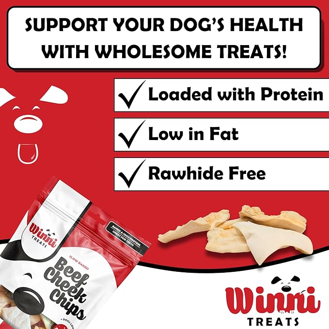 Winni Treats Beef Cheek Chips for Dogs - Single Ingredient, Preservative-Free, Premium Beef Cheeks, Not Rawhide, High in Protein, Low in Fat, Rich in Collagen, Long Lasting Dog Chews Treat (5 Pieces)