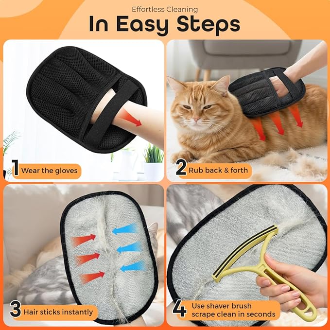 2 Pack Electrostatic Pet Hair Remover Glove with Cleaning Brush for Cats & Dogs, 2025 Upgraded Reusable 5-Finger Grooming Gloves – Magic Brush Tool for Furniture, Couch, Carpet, Car & Clothing (Black)