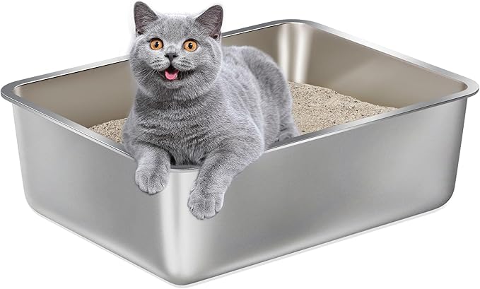 Stainless Steel Litter Box -6in High Side,Metal Litter Box for Cat/Kitty/Rabbits 17" L x 13.8" W x 6" H，Stainless Steel Cat LitterBox-Metal PanToilet,No Smell, Non Stick, Easy Clean