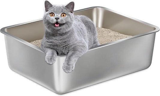 Stainless Steel Litter Box -6in High Side,Metal Litter Box for Cat/Kitty/Rabbits 17" L x 13.8" W x 6" H，Stainless Steel Cat LitterBox-Metal PanToilet,No Smell, Non Stick, Easy Clean