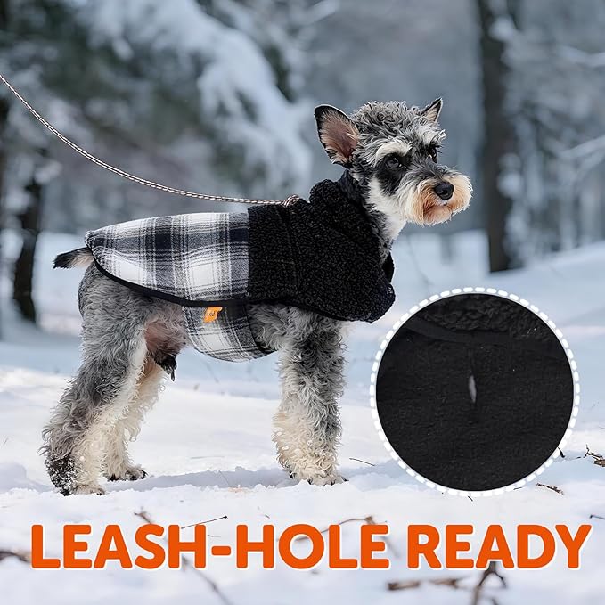 FOFOS Dog Winter Coat, Plush Dog Jacket with Leash Hole, Adjustable Warm Pet Snow Vest for Small Medium Dogs, Black, XS