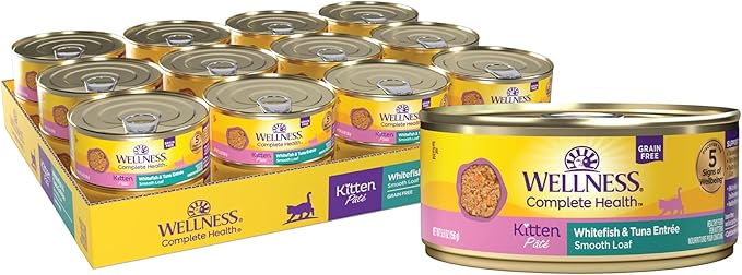 Wellness Complete Health Pate Kitten Wet Cat Food, Natural, Protein-Rich, Grain Free, 5.5 Ounce, 24 Pack, (Whitefish & Tuna)