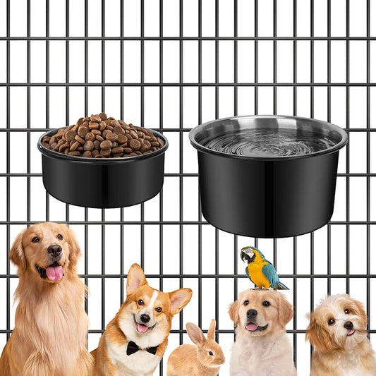 Kennel Water Bowl Hanging, 2 Pack Stainless Steel Dog Bowls for Crate No Spill, Large Pet Cage Bowls for Medium/Large Dog Cat Rabbit Ferret Guinea Pig