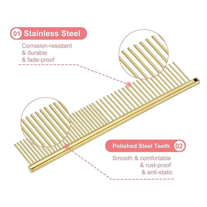 Dog Cat Comb, Pet Combs Stainless Steel Teeth with Rounded Ends for Knots Mats Loose Hair Removal, 6.5IN (Gold Plated, 3 Pack), Grooming Tool Intended for Long Curly Hair Pet