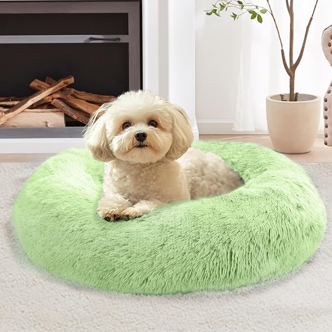 JOLLYVOGUE Calming Dog Bed Medium Size Dog, Anti-Anxiety Donut Medium Pet Bed, 31 inches Fluffy Faux Fur Round Cat Bed, Fits up to 45 lbs Pets (Light Green)