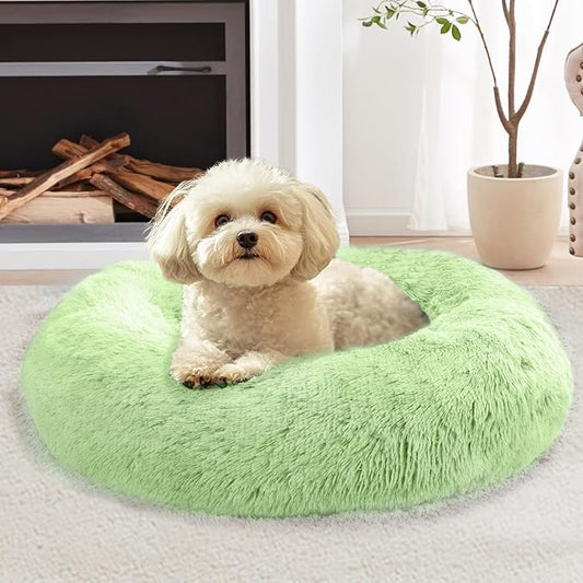 JOLLYVOGUE Calming Dog Bed Medium Size Dog, Anti-Anxiety Donut Medium Pet Bed, 31 inches Fluffy Faux Fur Round Cat Bed, Fits up to 45 lbs Pets (Light Green)