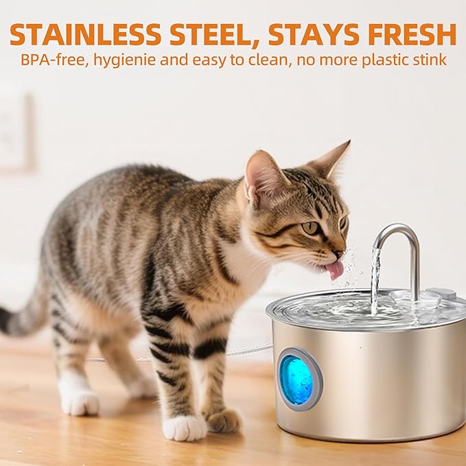 108oz/3.2L Stainless Steel Cat Water Fountain with Detachable Tank, Easy to Clean & Assemble, Pet Drinking Dispenser with Quiet Operation & LED Light, Gifts for Christmas, Cats, Dogs and Small Pets