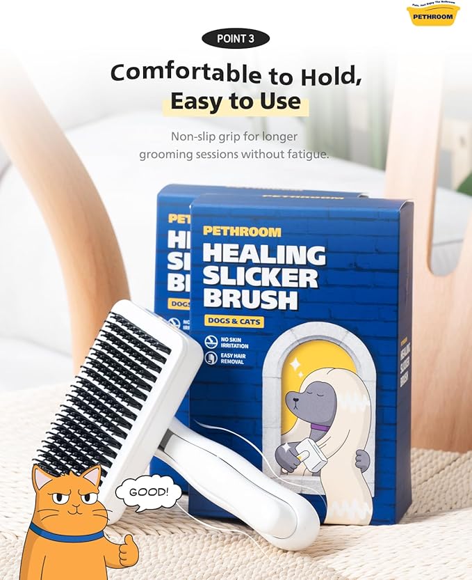 PETHROOM] Pet Healing Slicker Brush with One-Touch Clean Button | Gentle Grooming Brush for Dogs & Cats | Removes Shedding, Mats & Tangles with Coated Tips, White & Yellow
