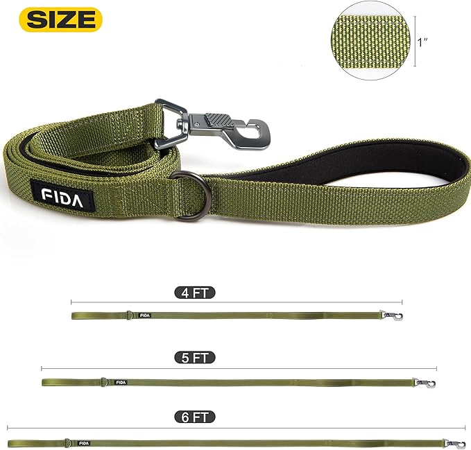 Fida 6 FT Heavy Duty Dog Leash with 2 Comfortable Padded Handles, Traffic Handle & Advanced Easy Snap Hook, Reflective Walking Lead for Large, Medium & Small Breed, Green