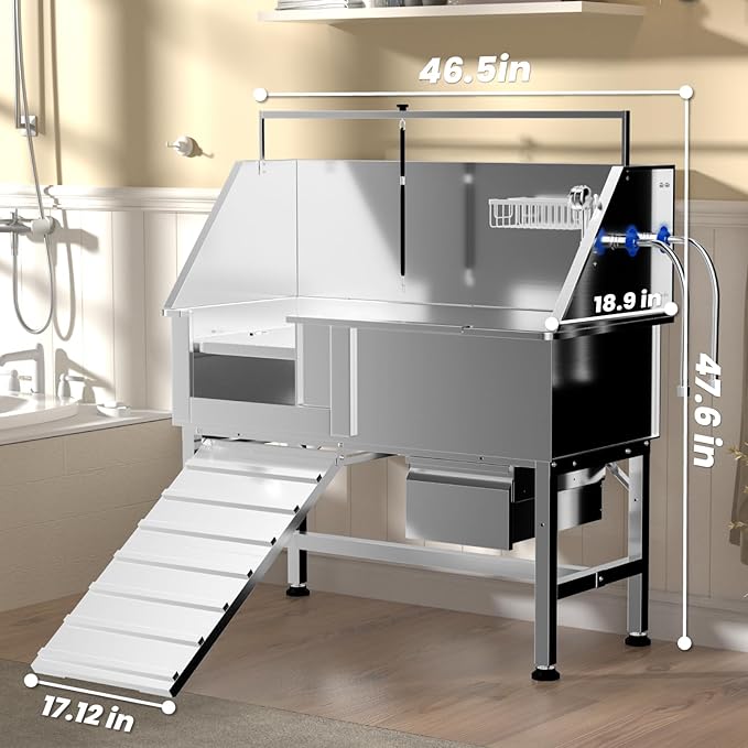 46" Dog Washing Station, Professional Stainless Steel Dog Bathtub for Large, Medium & Small Pet. Height Adjustable Grooming Tub W/Drawer, Ramp, Floor Grate & Fauct(Left Ramp)