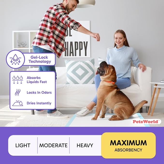 PetsWorld XL Dog Pee Pads 30"x36", 300-Count – Heavy Duty, Leak-Proof Potty Training Pads for Puppies & Large Dogs, Super Absorbent, Quick-Dry Disposable Pads with Odor Control