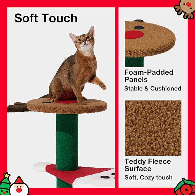 VETRESKA Christmas Cat Tree for Indoor Cats, 38.6" Multi Level Soft-Touch Cat Tower with Scratching Post, Large Scratching Post, Santa Claus, Reindeer and Snowman
