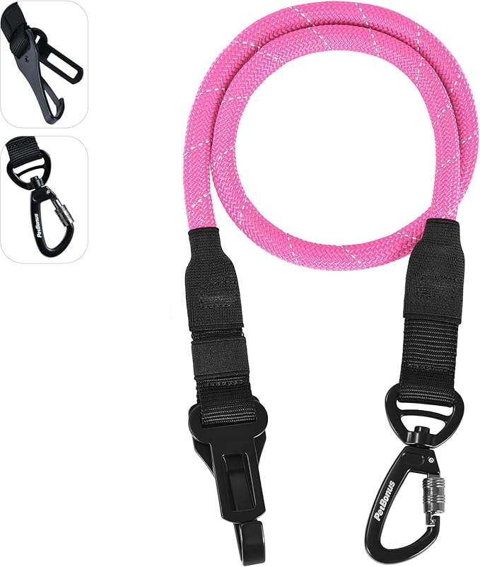 PetBonus Dog Seat Belt for Car, Durable Rope Dog Car Harness Seatbelt for Vehicle, Pet Tether Safety Restraint with Heavy Duty Buckle Hook Latch Lockable Clip for Small Medium Large Breeds (Pink)