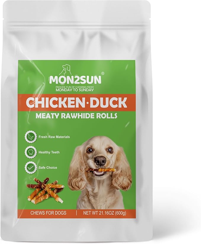 MON2SUN Dog Treats 5 Inch Double Flavor Chicken & Duck Wrapped Rawhide Sticks, Teeth Cleaning for Small Dogs, 21.16 oz (40 Count)
