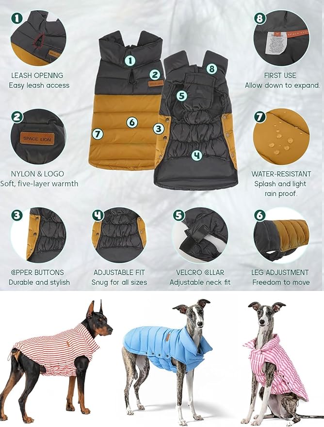 SPACE LION Dog Puffer Jacket, Down Winter Coat, Durable Outdoor Coat for Cold and Windy Conditions, Lightweight & Adjustable Fit Coats for Large Dogs, (BlackKhaki, Size28/4XL)