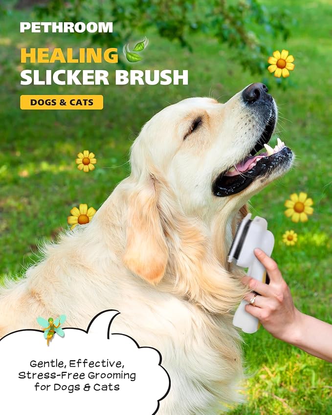 PETHROOM] Pet Healing Slicker Brush with One-Touch Clean Button | Gentle Grooming Brush for Dogs & Cats | Removes Shedding, Mats & Tangles with Coated Tips, White & Yellow