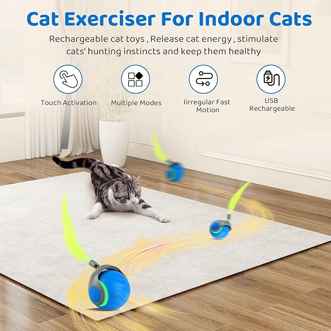 Interactive Cat Toys for Indoor Cats-Rechargeable Moving Cat Toy Ball with USB Charging, 3 Speedy Replaceable Tails & Random Motion Modes, Cat Chase Toy for Bored Indoor Cats,Auto Roll