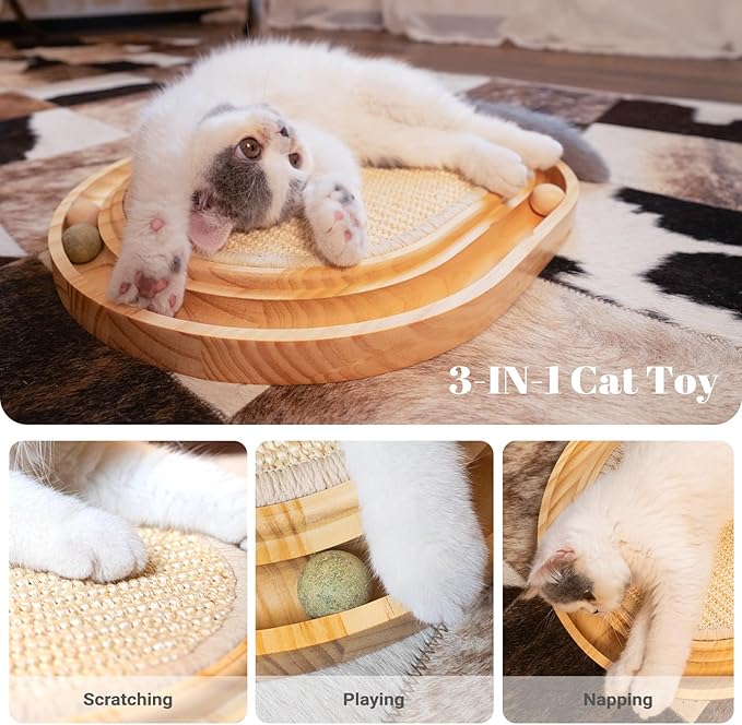 CHEERHOME PETS Sisal Cat Scratcher Toy with Ball Track Wooden Interactive Cat Toy for Indoor Cats Scratch Pad, Physical Exercise for Kitty and Medium Cat