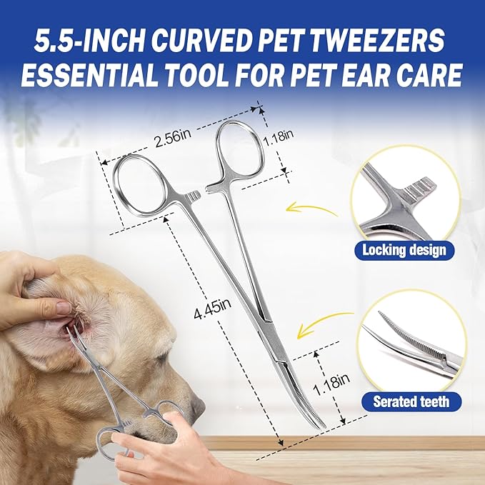 Dog Ear Hair Removal Tool,Dog Ear Infection Treatment with 5.5 Inch Tweezers Curved, Dog Ear Finger Wipes,All Natural Ingredients,Soothes Itchy Ears & Relieve Scratching