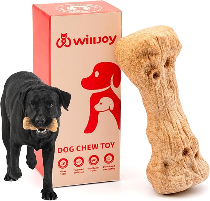 Willjoy Dog Chew Toys for Aggressive Chewers, Tough Dog Toys for Aggressive Chewers, Pine Wood and Nylon Indestructible Dog Toy, Bacon Flavor Large Dog Toys to Keep Them Busy