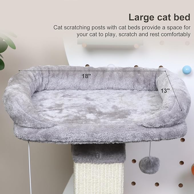 34" Tall Cat Scratching Post with Bed, Sisal Scratch Posts Trees with Plush Perch and Hanging Ball for Indoor Cats, Removable Cover, Large Scratch Post and Base, Rugged and Durable, Light Grey