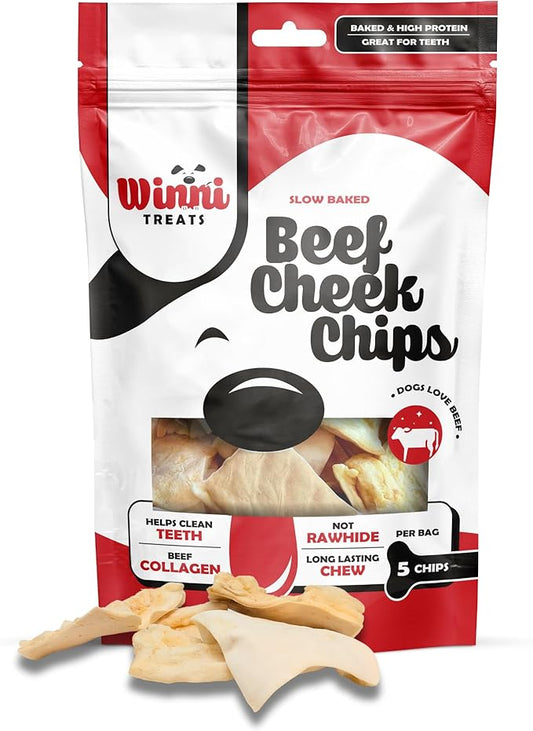 Winni Treats Beef Cheek Chips for Dogs - Single Ingredient, Preservative-Free, Premium Beef Cheeks, Not Rawhide, High in Protein, Low in Fat, Rich in Collagen, Long Lasting Dog Chews Treat (5 Pieces)