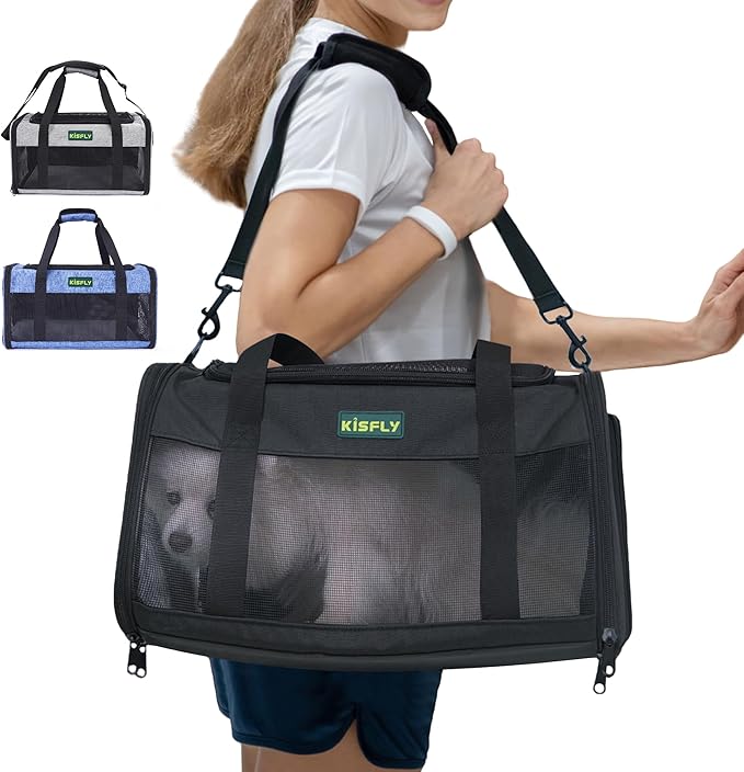 Airline Approved Cat and Small Dog Carrier 17"x11"x9.5"– Soft-Sided, Foldable Under-Seat Travel Bag for Pets up to 12 lbs, Top-Loading, Scratch-Resistant Mesh, Black