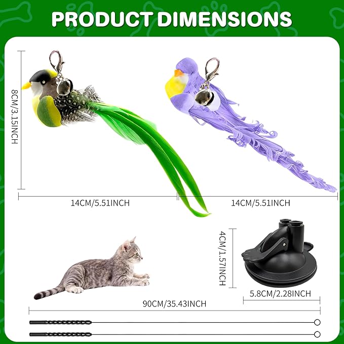 Cat Toys for Indoor Cats – Interactive Bird Teaser Wand Set with Suction Cup Base & Realistic Bird Pendant. Self-Play Toy for Active Cats, Jumping, Hunting & Chasing. Ideal for Indoor Fun & Bonding