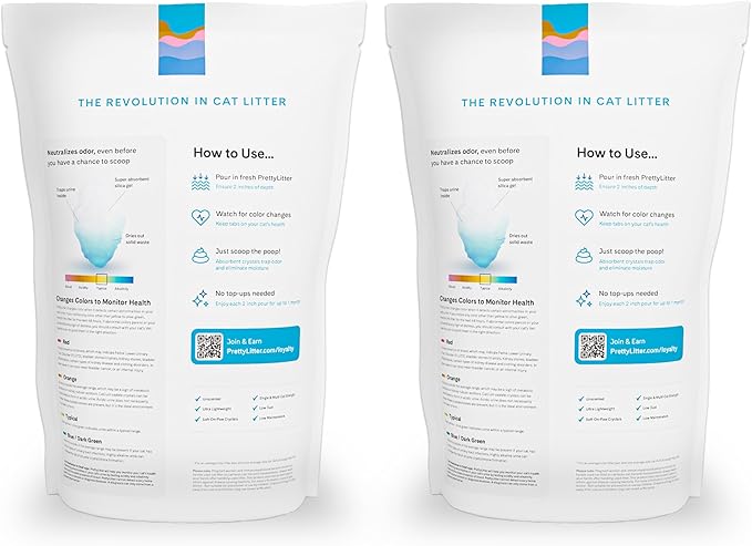 PrettyLitter Health Monitoring Cat Litter (Unscented, Non Clumping) | Lightweight & Low Tracking, Color Changing Silica Gel Crystals, Advanced Odor Control — 6 Lbs, Pack of 2 (Two Month Supply)