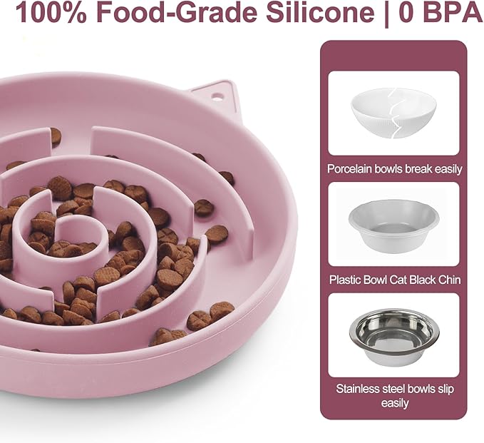 Slow Feeder Cat Bowl, Durable Anti-Gulping Cat Food Bowl for Healthy Digestion, Maze Design Easy to Clean for Wet/Dry Food (Pink)