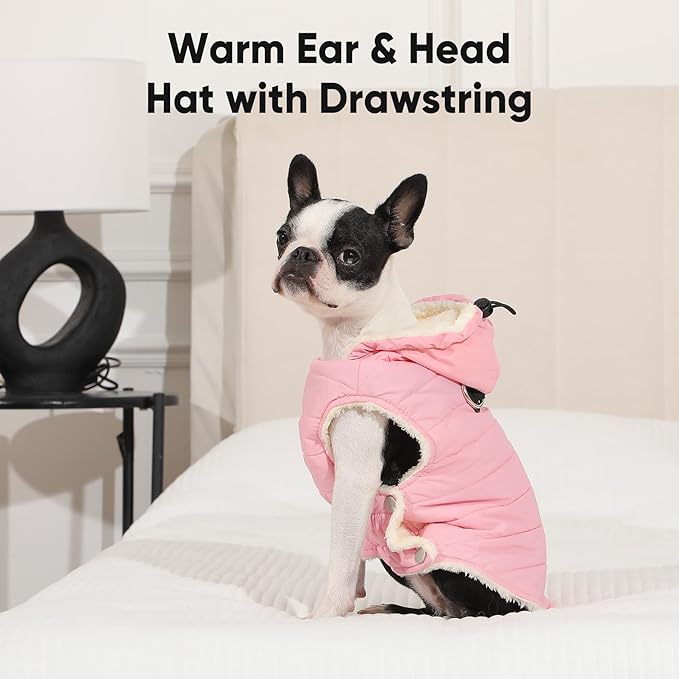 Fleece Lining Dog Hoodie with Harness Built in,Extra Warm Medium Dog Jacket in Winter Doggie Coats with Drawstring Hooded,Light Pink XL