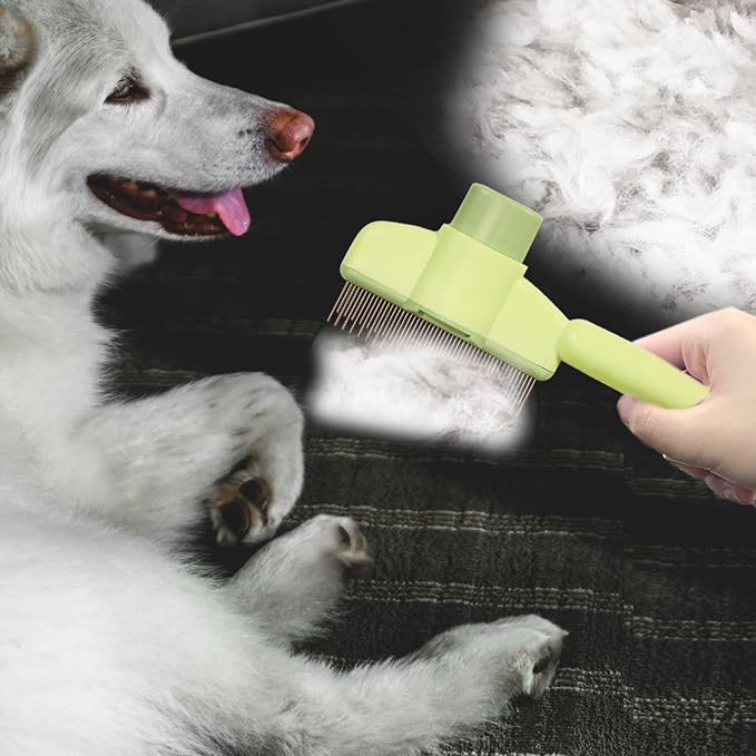 Dogs and Cats Comb with Release Button, Pet Hair Removal Tools with Safe Stainless Steel Teeth for Deshedding, Cat Grooming Supplies for Long/Short Hair, Cat Brush for Shedding, Green