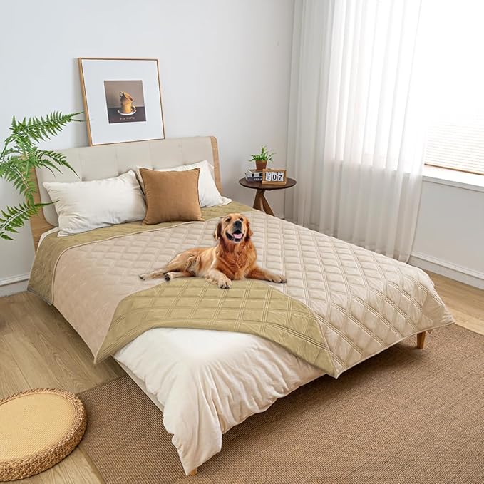 fuguitex Waterproof Dog Blanket Reversible for Small Dogs Resistant Leakproof Washable Couch Cushion Bed Protector Cover for Indoor Furniture Pet Friendly（82"*82",Beige+Taupe