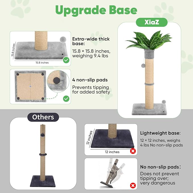 XiaZ Cat Scratching Post 34 Inches Tall, Cat Tower Scratcher Extra Wide 15.8" Stable Base with 2 Interactive Toy Balls, Premium Natural Sisal Pad for Small, Medium Large Cats (Light Gray, 4.5in)