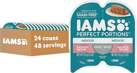 IAMS Perfect Portions Indoor Adult Grain Free Wet Cat Food Pate, Salmon Recipe, 2.6 oz. Easy Peel Twin-Pack Trays (24 Count, 48 Servings)