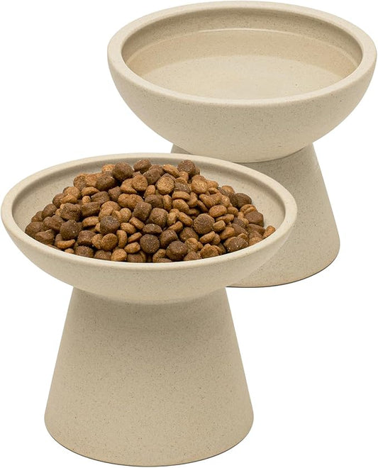 2 Elevated Cat Bowls Extra Wide for Food & Water – Whisker Fatigue, Ceramic Wide Shallow Food Dish, Lead & Cadmium Free, Raised Height for Cats, Pottery Clay
