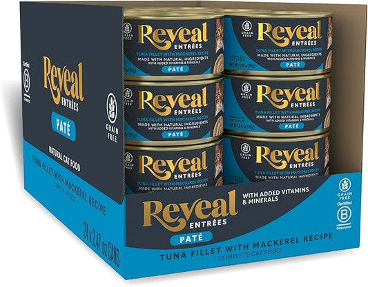 Reveal Entrées Natural Wet Cat Food Paté, Grain-Free with Added Vitamins & Minerals, Carrageenan-Free and High Protein, Tuna Fillet with Mackerel Paté Recipe (24 x 2.47 oz Cans)