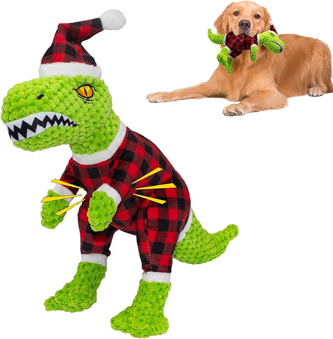 Christmas Dog Plush Toys- Squeaky Toy Dinosaur with Crinkle Paper- Interactive Funny Toys to Keep Your Dogs Engaged for Hours for Small and Medium Breeds