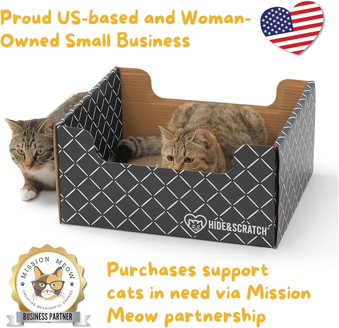 Hide & Scratch Cardboard Cat Scratcher Box & Bed - Dark Grey Diamond | Double-Sided Corrugated Pad for Indoor Cats | Refillable Scratching Board Toy for Play & Furniture Protection