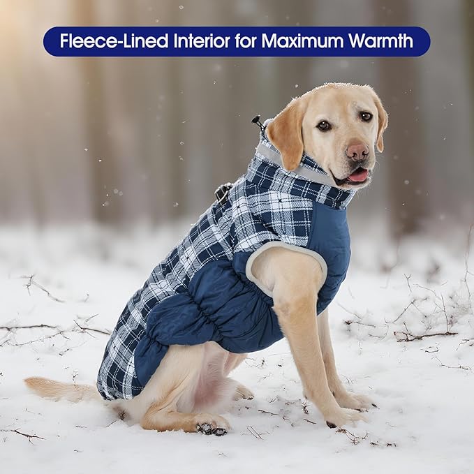 FUAMEY Dog Coat for Small Dogs,Waterproof Dog Winter Jacket with Harness Built in Puppy Cold Weather Coats Reflective Pet Vest with Zipper Warm Fleece Dogs Snowsuit Windproof Blue Plaid XS