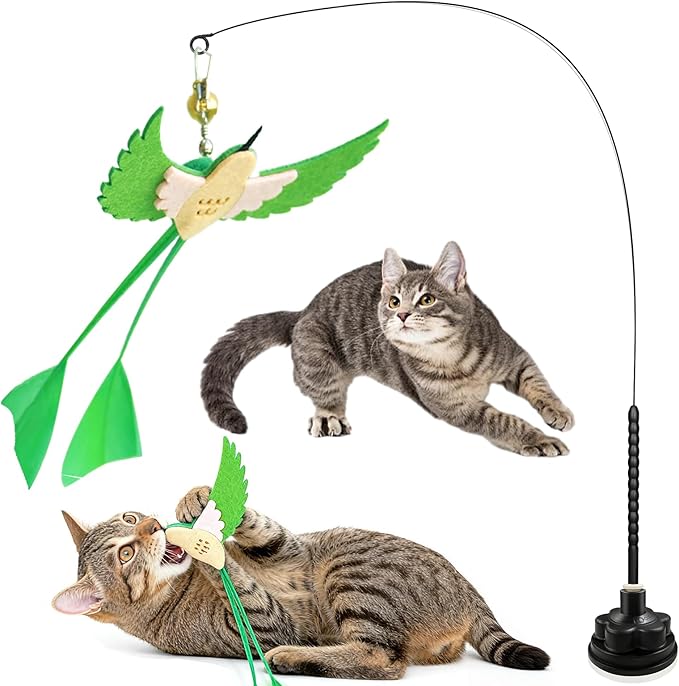 Cat Toys Interactive Teaser Wand, Long-Tailed Bird Attachment with Black Petal Suction Cup Base, Feather & Bird Toy for Solo Play, Encourages Physical Activity & Bonding Time for Cats & Kittens