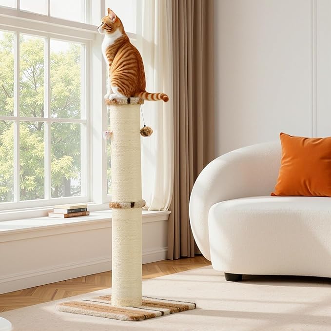 Joydeco Cat Scratching Post 34 Inches Heavy Duty and Thick Scratching Post Sisal Rope with Hanging Ball and Mice for Indoor Cats(Coffee)