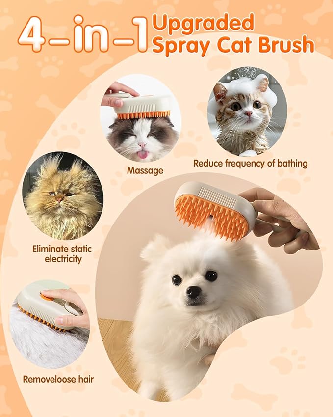 2026 New Pet Steam Brush, Cat Steam Brush for Shedding & Deshedding - 3-in-1 USB Rechargeable Pet Hair Removal Comb with Water Tank, for Indoor Long/Short Haired Cats & Dogs (Add 20mL wash C)