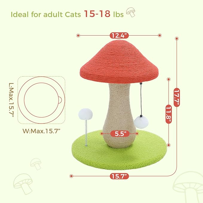 PETEPELA Mushroom Cat Scratching Post, Cat Scratcher Cute with 100% Sisal Covered Scratching Post & Pompoms Toy, Mushroom Cat Post for Indoor Cats