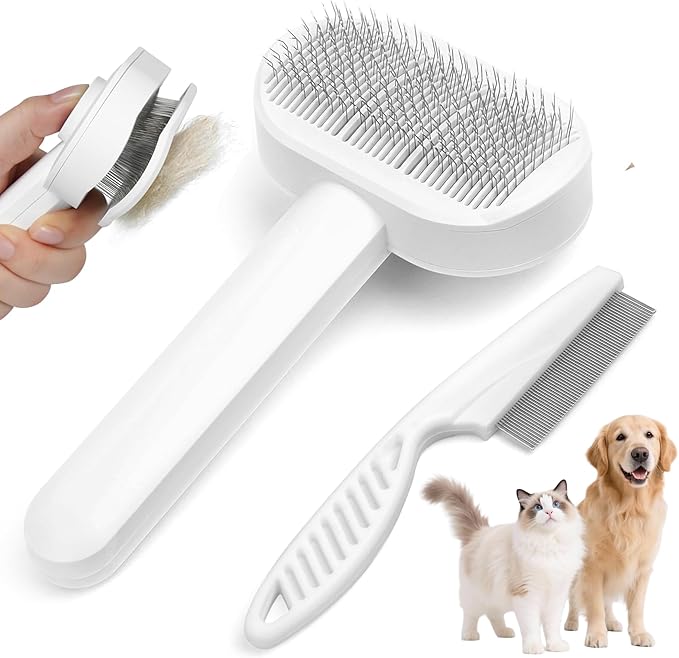 Self-Cleaning Slicker Brush for Dogs & Cats, 3-in-1 Grooming Kit with Detangling Comb & Storage Box, Deshedding Tool for Long Short Hair Pets, Skin-Friendly Brush Prevents Matting & Tangles